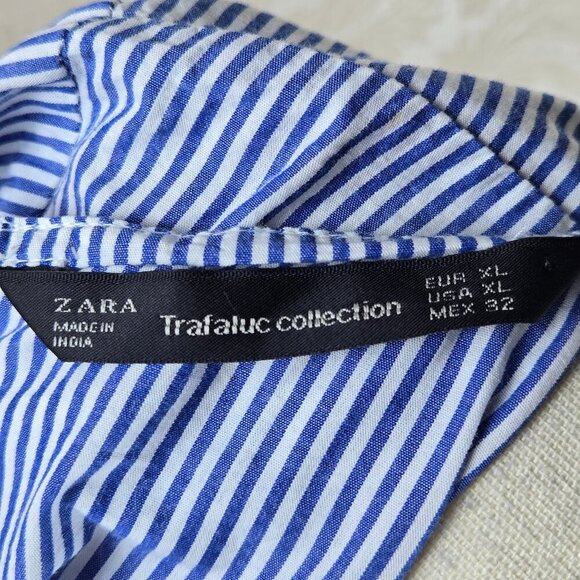 Zara Trafaluc Collection Sz XL Blue White Striped Dress Exposed Back Zip Ruffle - Picture 9 of 12